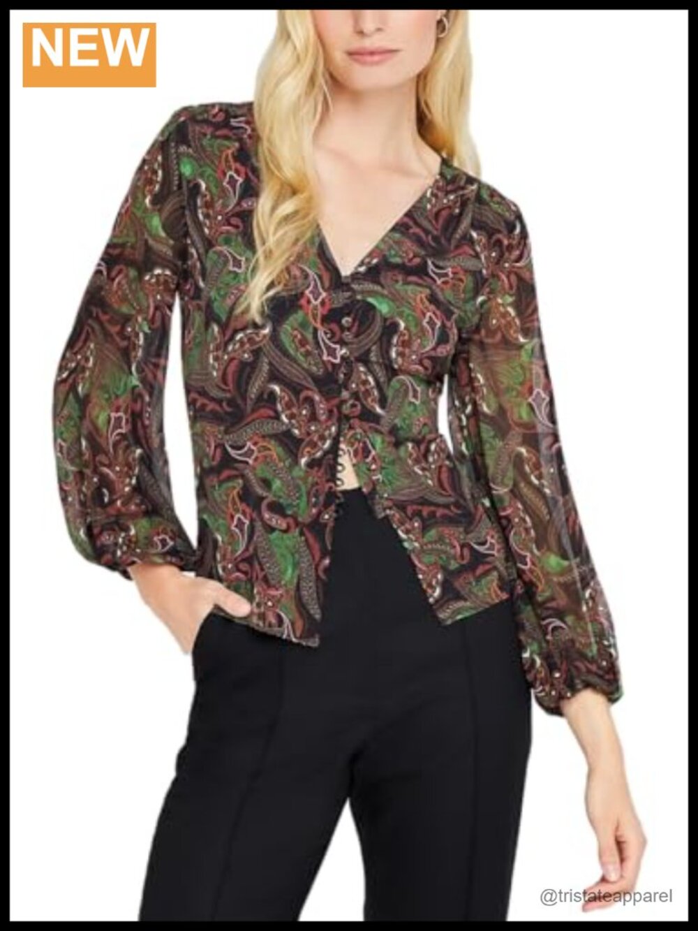 Silk Long Sleeve Button Front Blouse V-Neck Notched Collar
